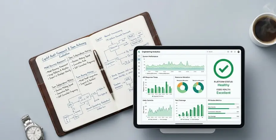 An engineering director utilizing a specialized analytics dashboard to execute a Copilot audit framework.