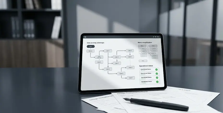 Close-up view of a product manager analyzing user interaction maps and simplifying menu navigation on an enterprise application layout.