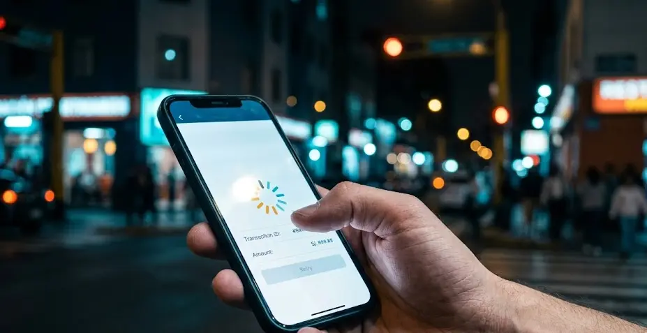 A mobile application screen displaying a spinning, frozen checkout loading wheel against a blurred dark city street backdrop.