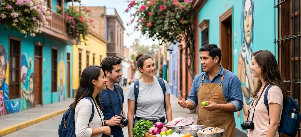 A group of international food enthusiasts participating in premium Lima culinary tours through Barranco.