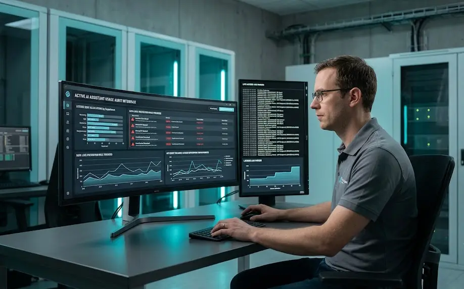 IT governance interface conducting an AI assistant usage audit across enterprise departments.