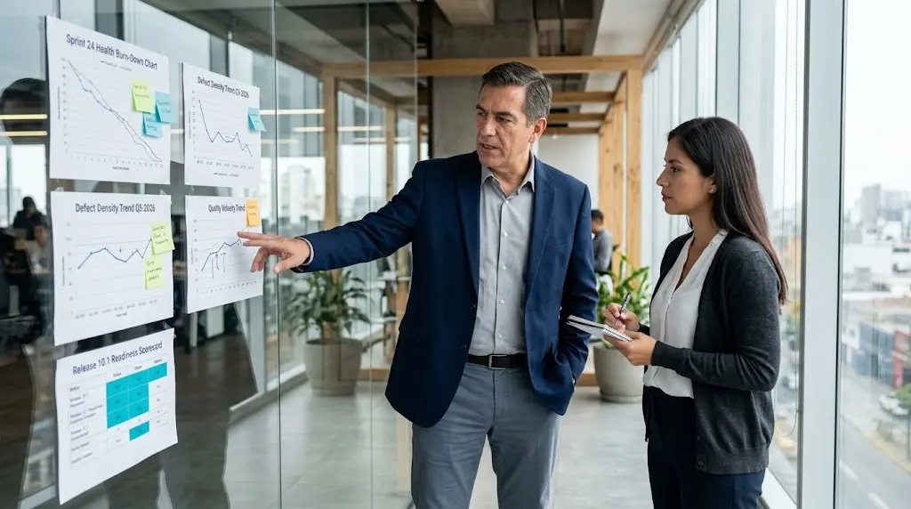 Engineering director discussing managed QA team control and quality metrics with an offshore delivery lead.