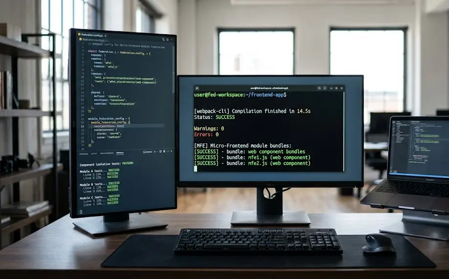 A terminal console displaying module federation builds and component isolation tests during legacy frontend refactoring.
