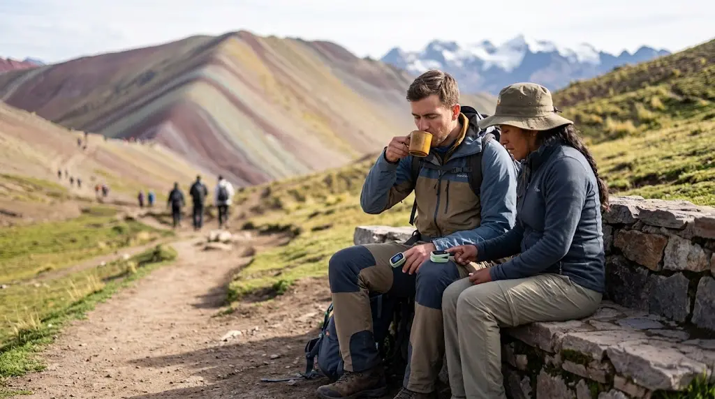 Hiker identifying mild symptoms of soroche rainbow mountain while resting along the high-altitude trail.