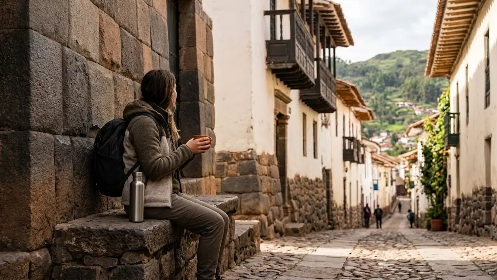 A traveler resting on a stone bench in Cusco with a cup of tea and a water bottle, taking it slowly for acclimatization in Cusco at altitude