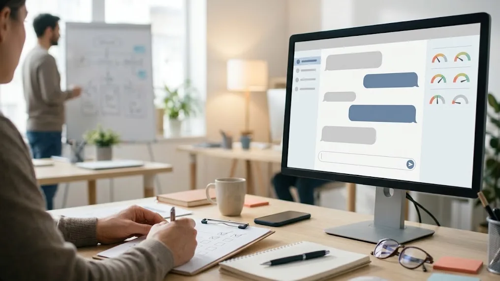 QA analyst comparing AI chatbot answers with a scoring sheet, illustrating common questions about AI quality assurance in daily practice