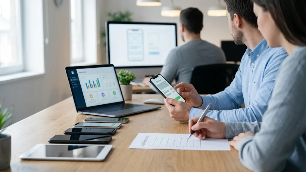 QA analysts reviewing a mobile checkout flow on several phones and a laptop, a scene about QA companies looking beyond functionality